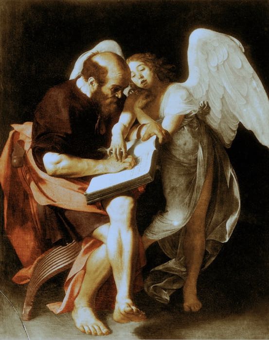 “San Matteo e l’angelo”, (1602), 295 x 195 cm Museo Kaiser Friedrich,  Berlino (distrutto). Ricostruzione digitale a colori da Maurizio Martini, 2005